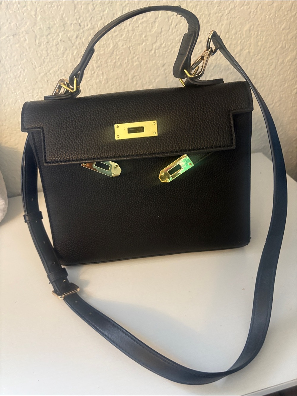 Black Pebbled Leather Top-Handle Satchel with Gold Hardware